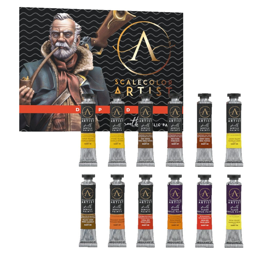 A Scale 75 Scalecolor Artist Heavy Body Paint Deep Red 12-piece set, displaying twelve tubes of red, yellow, orange, and brown acrylics with an illustrative box featuring a miniature figure