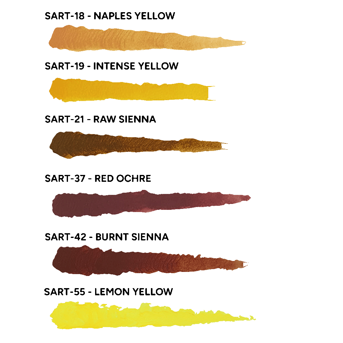 A color chart featuring six Scale 75 Scalecolor Artist Heavy Body acrylic paint swatches: Naples Yellow, Intense Yellow, Raw Sienna, Red Ochre, Burnt Sienna, and Lemon Yellow