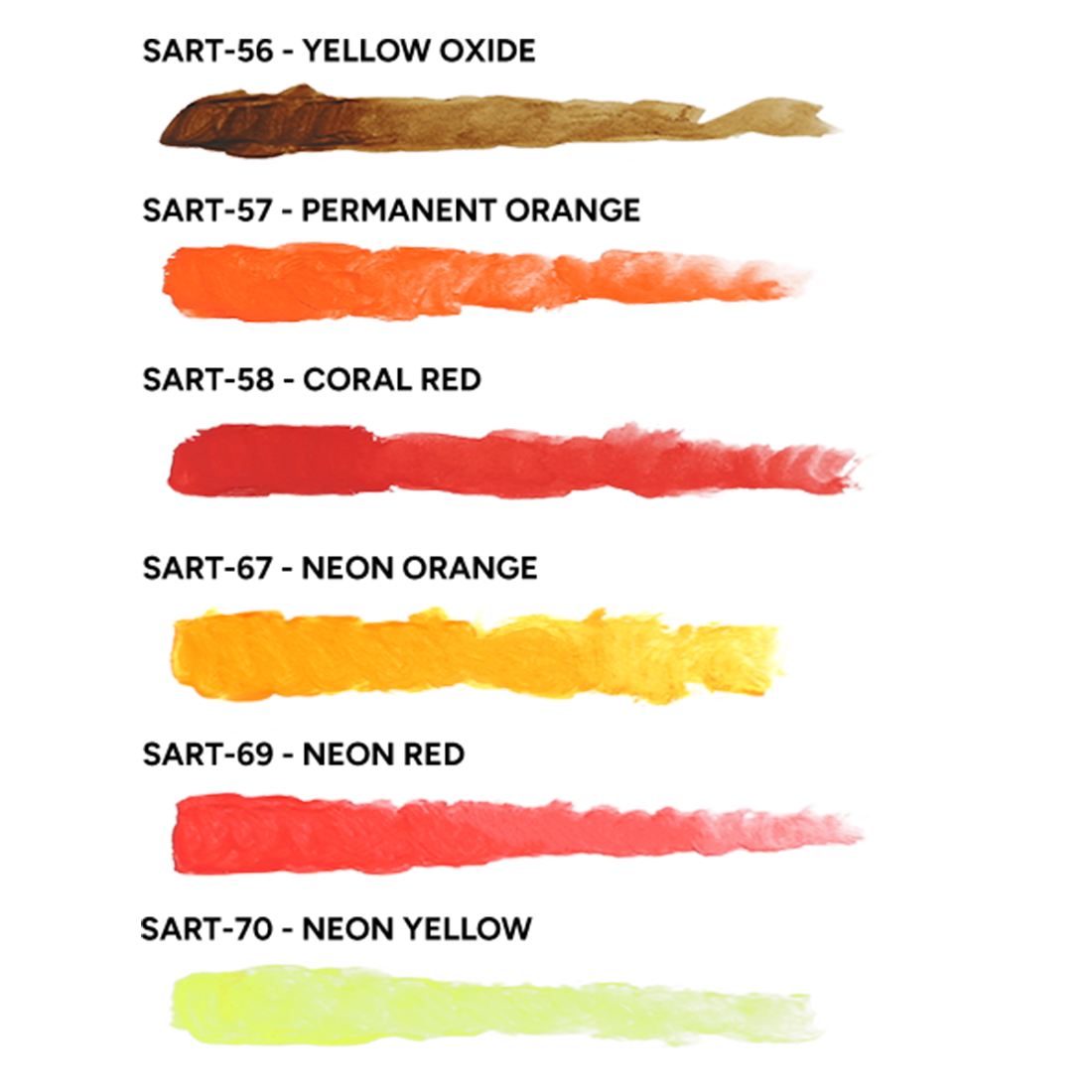 Color chart for Scale 75 Scalecolor Artist Acrylics featuring swatches of Yellow Oxide, Permanent Orange, Coral Red, Neon Orange, Neon Red, and Neon Yellow paints