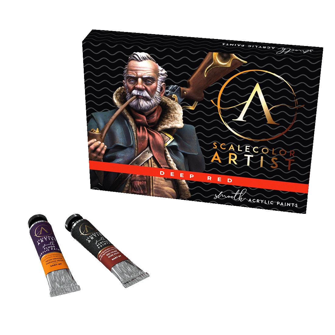 A black Scale 75 Scalecolor Artist Deep Red heavy body acrylic paint set box showing a bearded man smoking a pipe and two sample tubes