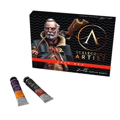 A black Scale 75 Scalecolor Artist Deep Red heavy body acrylic paint set box showing a bearded man smoking a pipe and two sample tubes