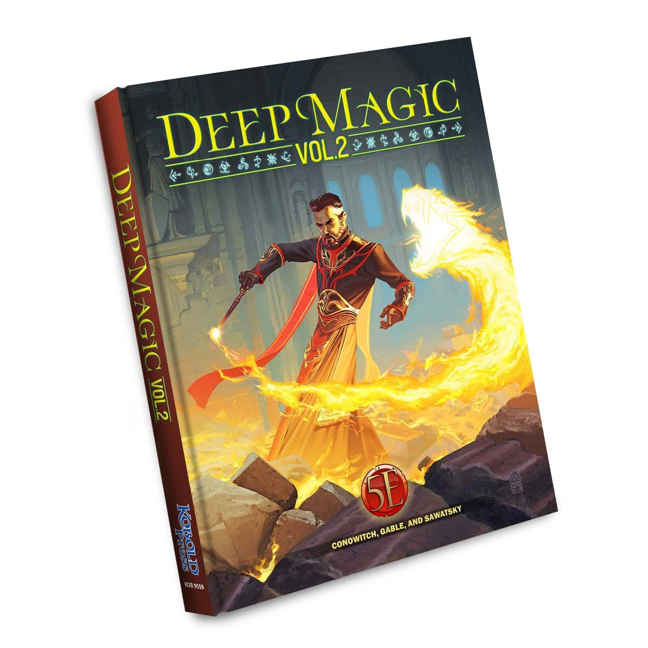 Deep Magic Vol. 2 book cover: A wizard casts a fiery snake spell from his staff in a grand, ruined hall.