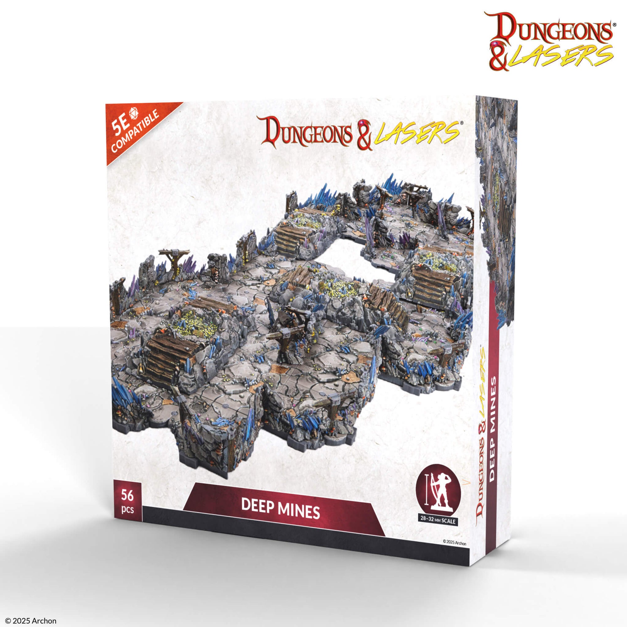 White box for Dungeons & Lasers Deep Mines 5E compatible tabletop terrain set, showing rocky, crystal-filled mine sections