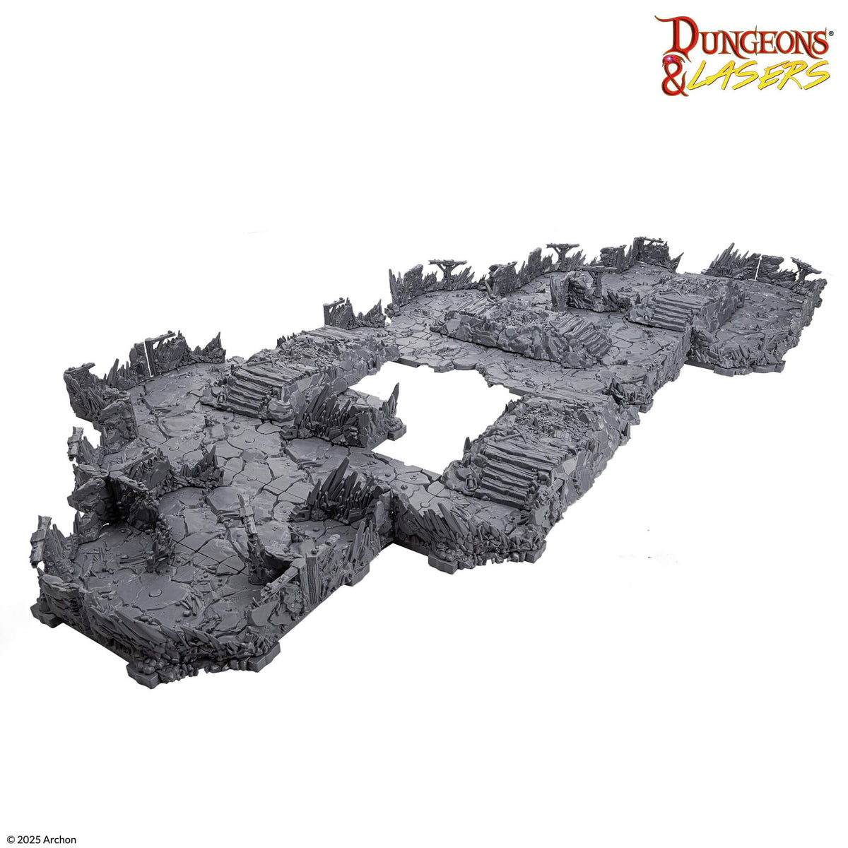Grey, modular Dungeons &amp; Lasers tabletop terrain, showing ruined dungeon sections with cracked ground and jagged walls