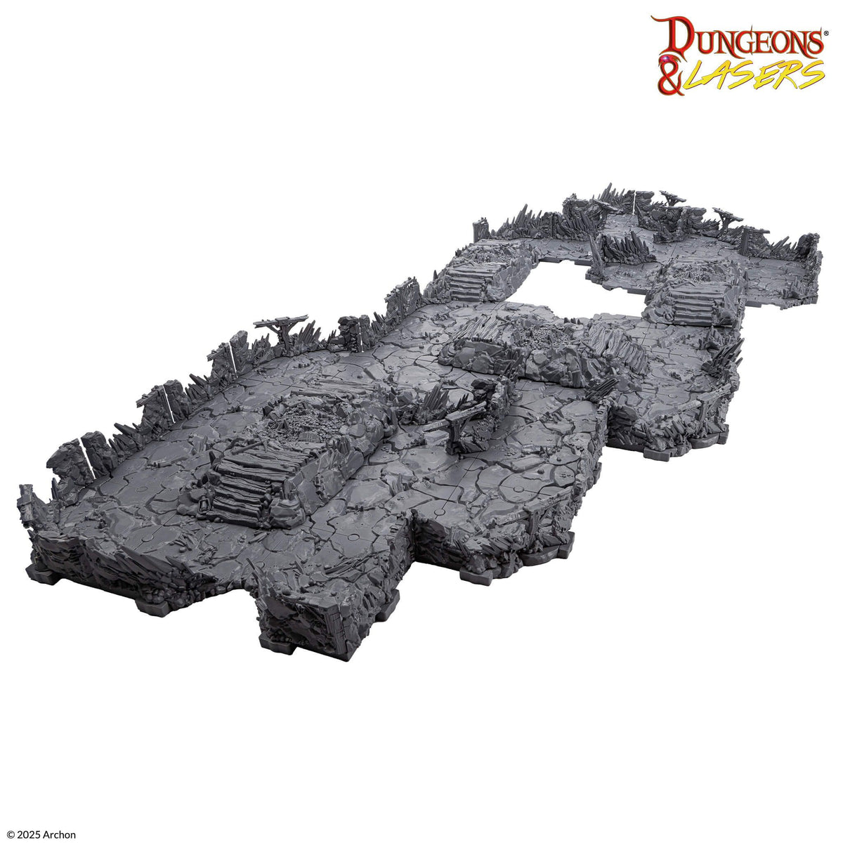 Gray modular Dungeons &amp; Lasers tabletop terrain featuring jagged ruins, cracked paths, and steps, creating a desolate landscape
