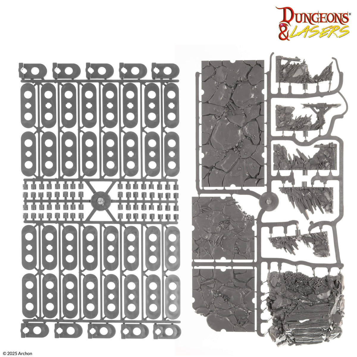 Two grey plastic Dungeons &amp; Lasers sprues show unbuilt modular walls, floors, and ruined terrain pieces