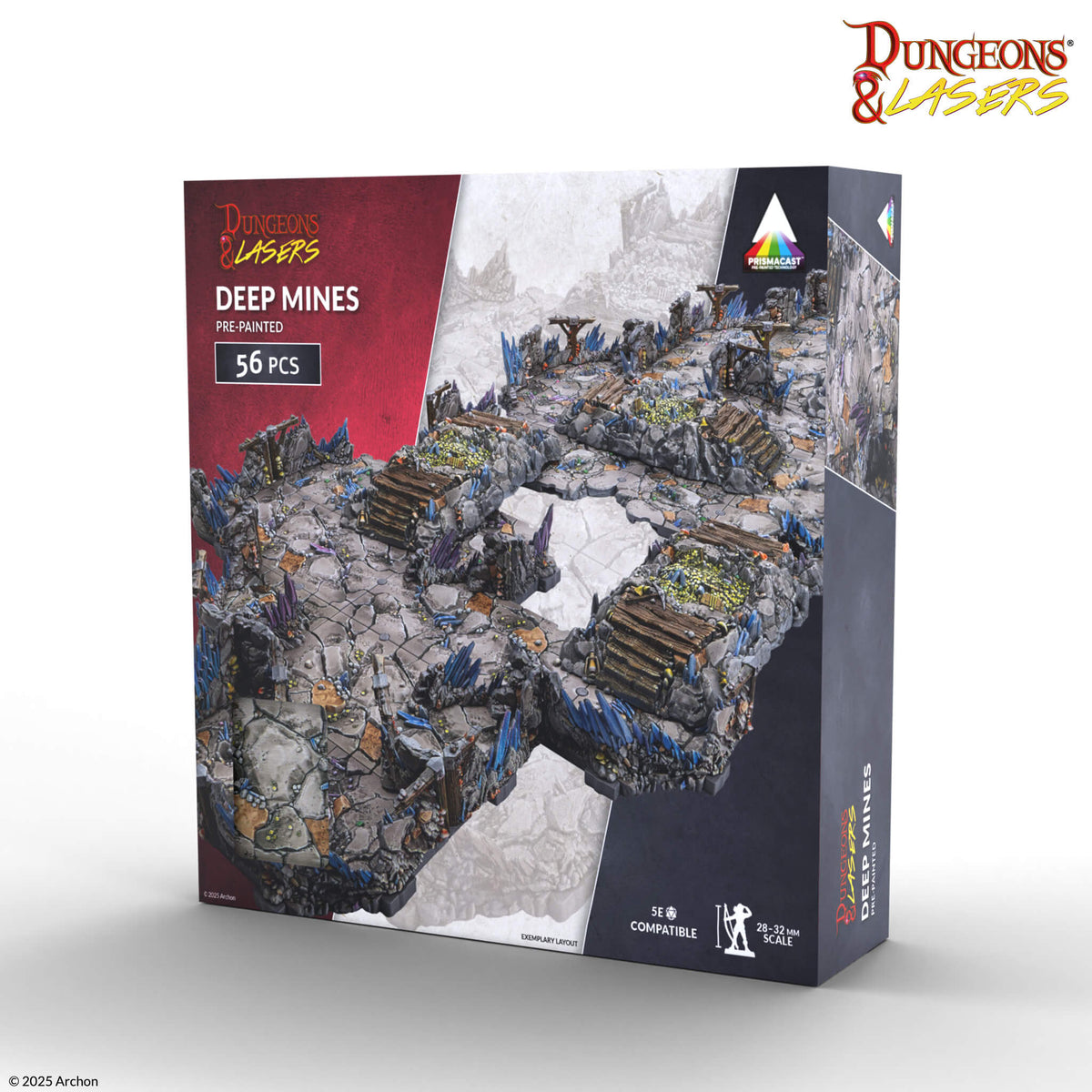Dungeons &amp; Lasers Deep Mines pre-painted terrain box. Features a modular mine layout with blue crystals, stone paths, and wooden bridges