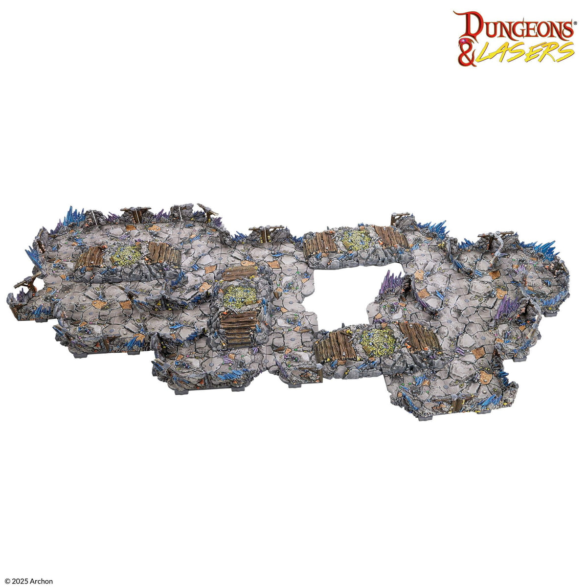 Modular fantasy cavern terrain with blue/purple crystals, wooden bridges, and mossy sections