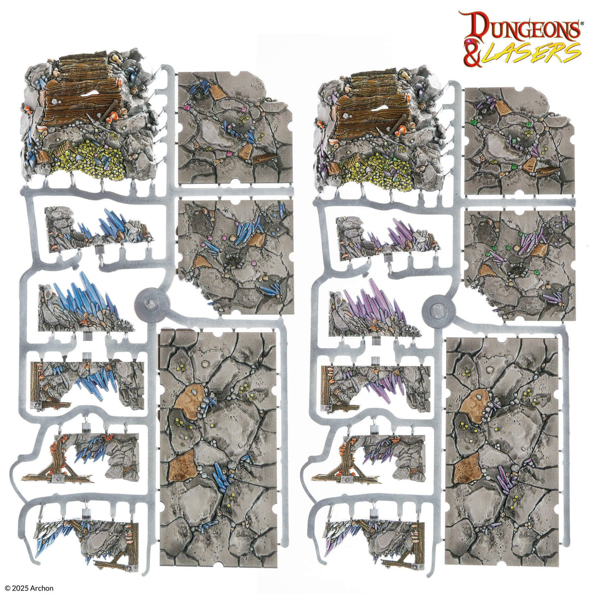 Two &quot;Dungeons &amp; Lasers&quot; gaming terrain sprues featuring unassembled stone walls, wooden structures, and colorful crystals