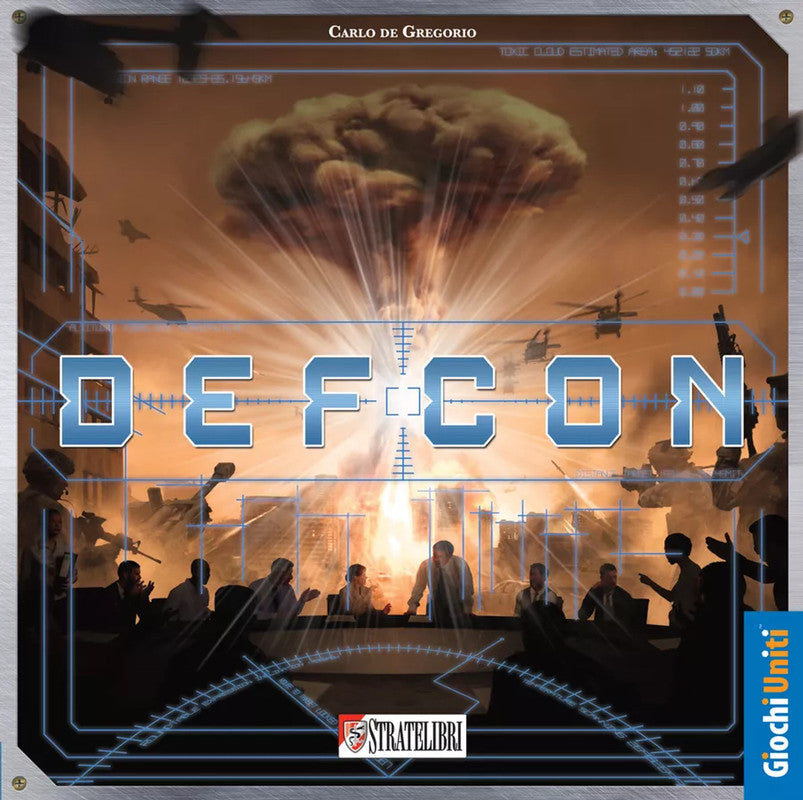 DEFCON board game cover with mushroom cloud above city and strategic command group