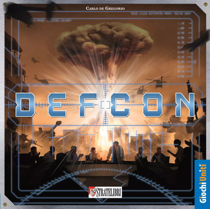 DEFCON board game cover with mushroom cloud above city and strategic command group