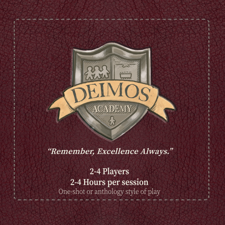 Deimos Academy shield logo on a textured red background, displaying a motto and game details: 2-4 players, 2-4 hours.