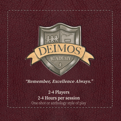 Deimos Academy shield logo on a textured red background, displaying a motto and game details: 2-4 players, 2-4 hours.