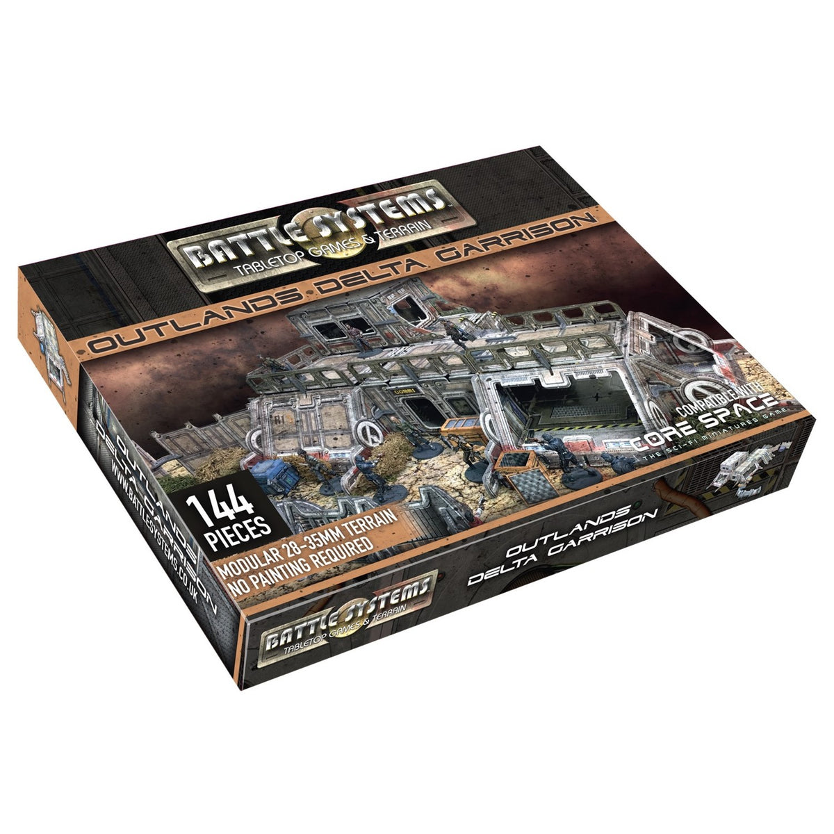 Box for Battle Systems Outlands: Delta Garrison, a 144-piece modular sci-fi tabletop terrain set with miniatures.