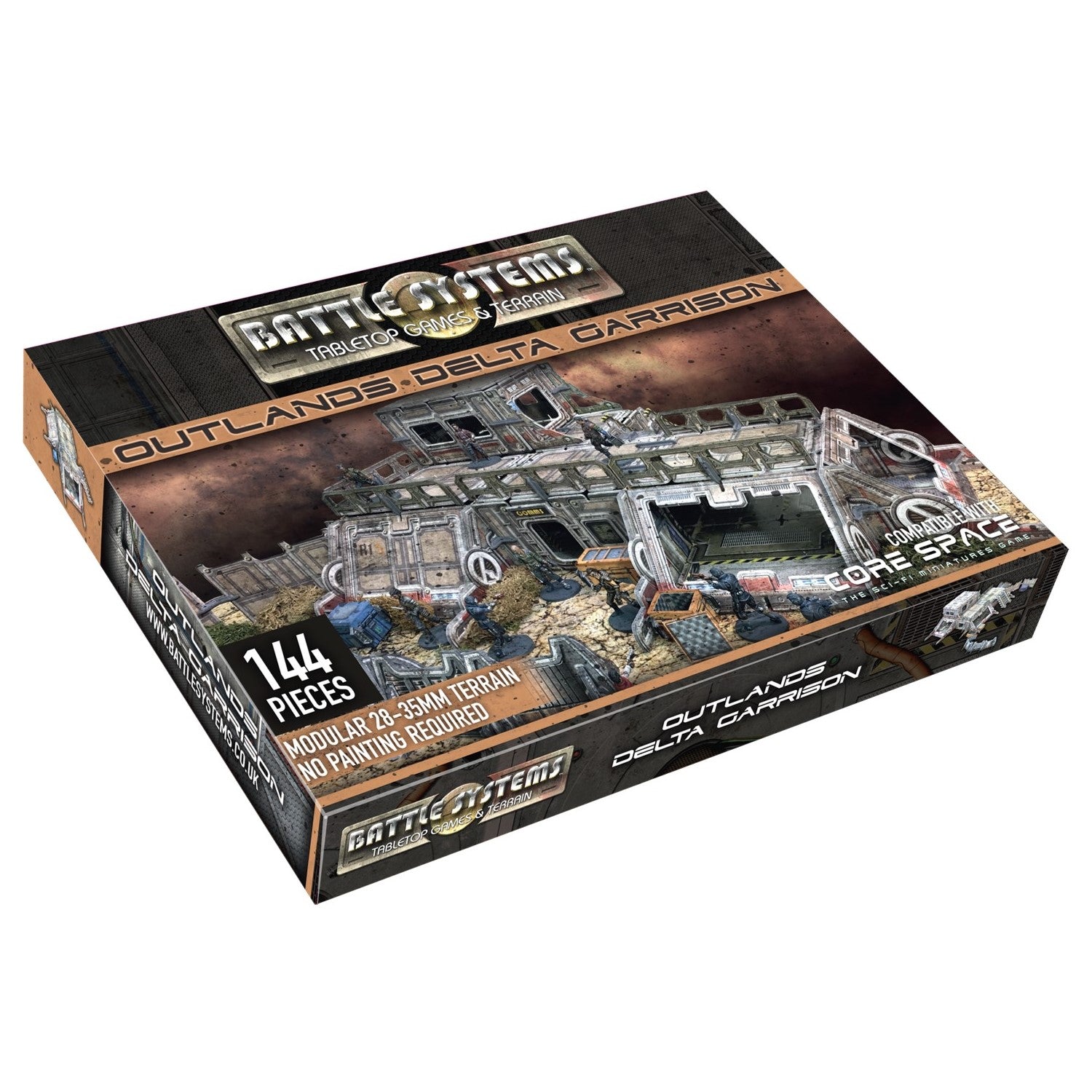 Box for Battle Systems Outlands: Delta Garrison, a 144-piece modular sci-fi tabletop terrain set with miniatures.