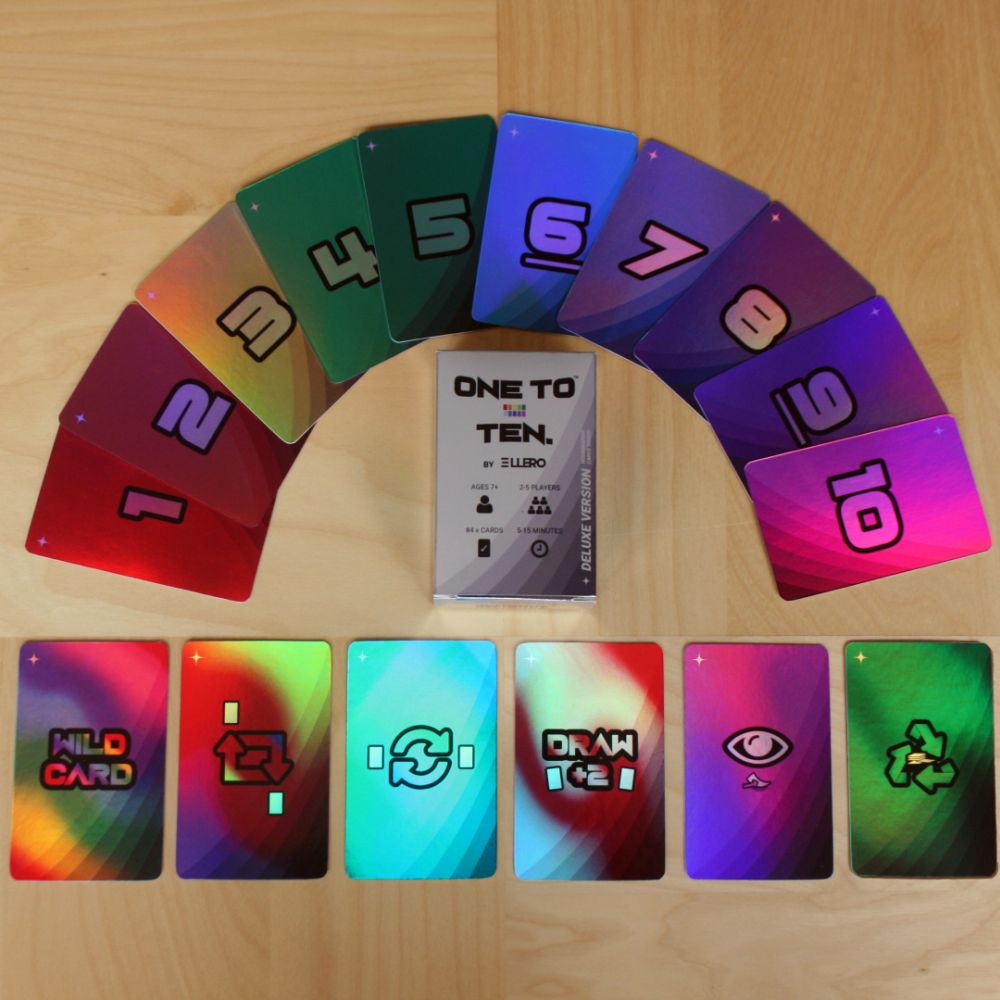Colorful cards 1-10 fanned in an arc around the &#39;One to Ten&#39; game box, with special action cards below