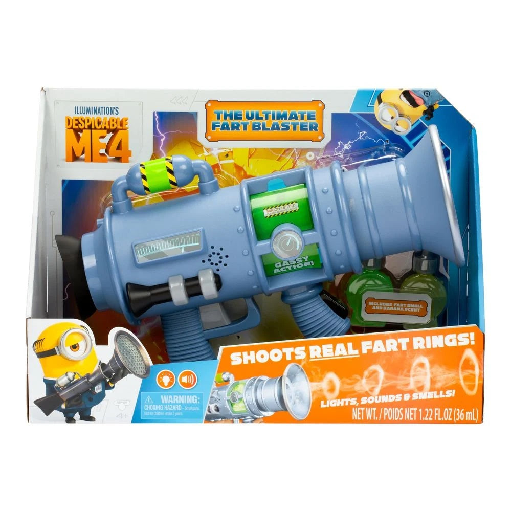 The light blue Moose Despicable Me 4 Ultimate Fart Blaster toy with a megaphone muzzle is shown in its box, advertising real fart rings, lights, sounds, and two 1