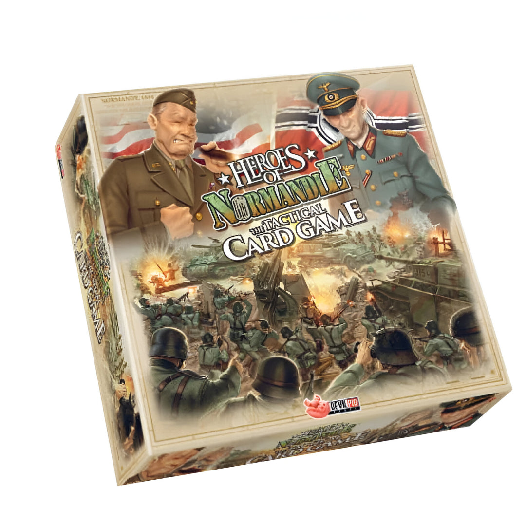 Box for Heroes of Normandie Tactical Card Game, featuring WWII generals and soldiers battling on an explosive battlefield