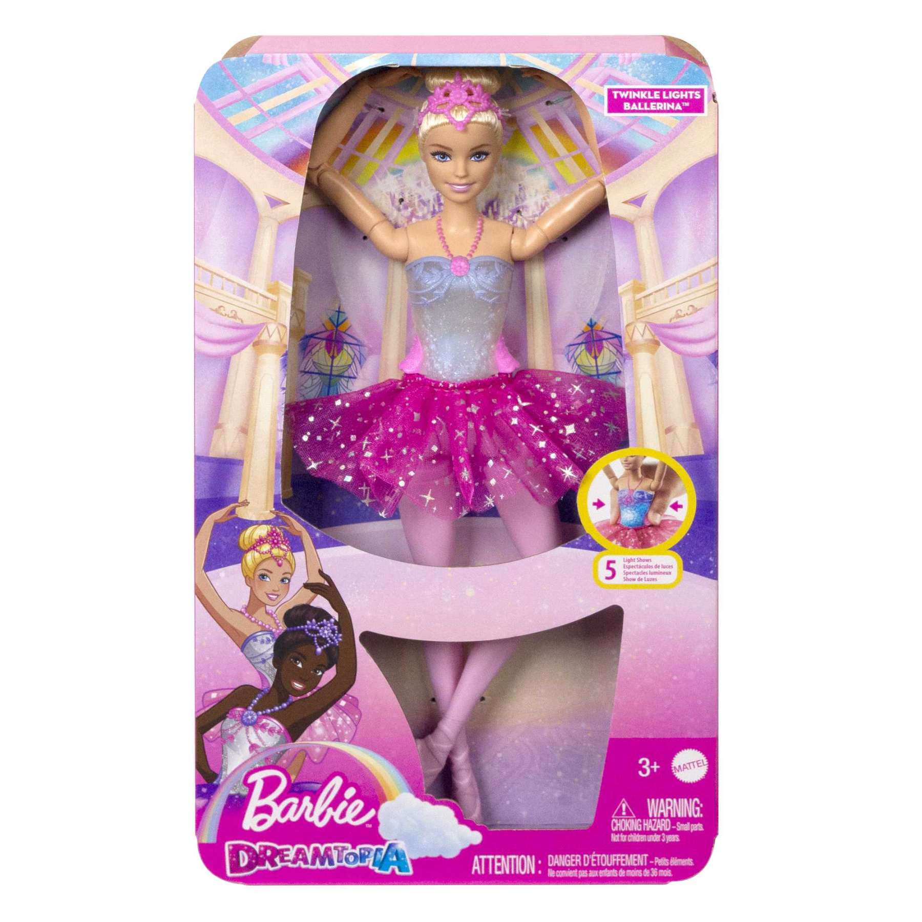 Barbie Twinkle Lights Ballerina doll in a pink sparkling tutu and crown -  with arms extended -  in a ballet stage display box
