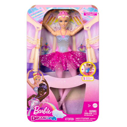 Barbie Twinkle Lights Ballerina doll in a pink sparkling tutu and crown -  with arms extended -  in a ballet stage display box