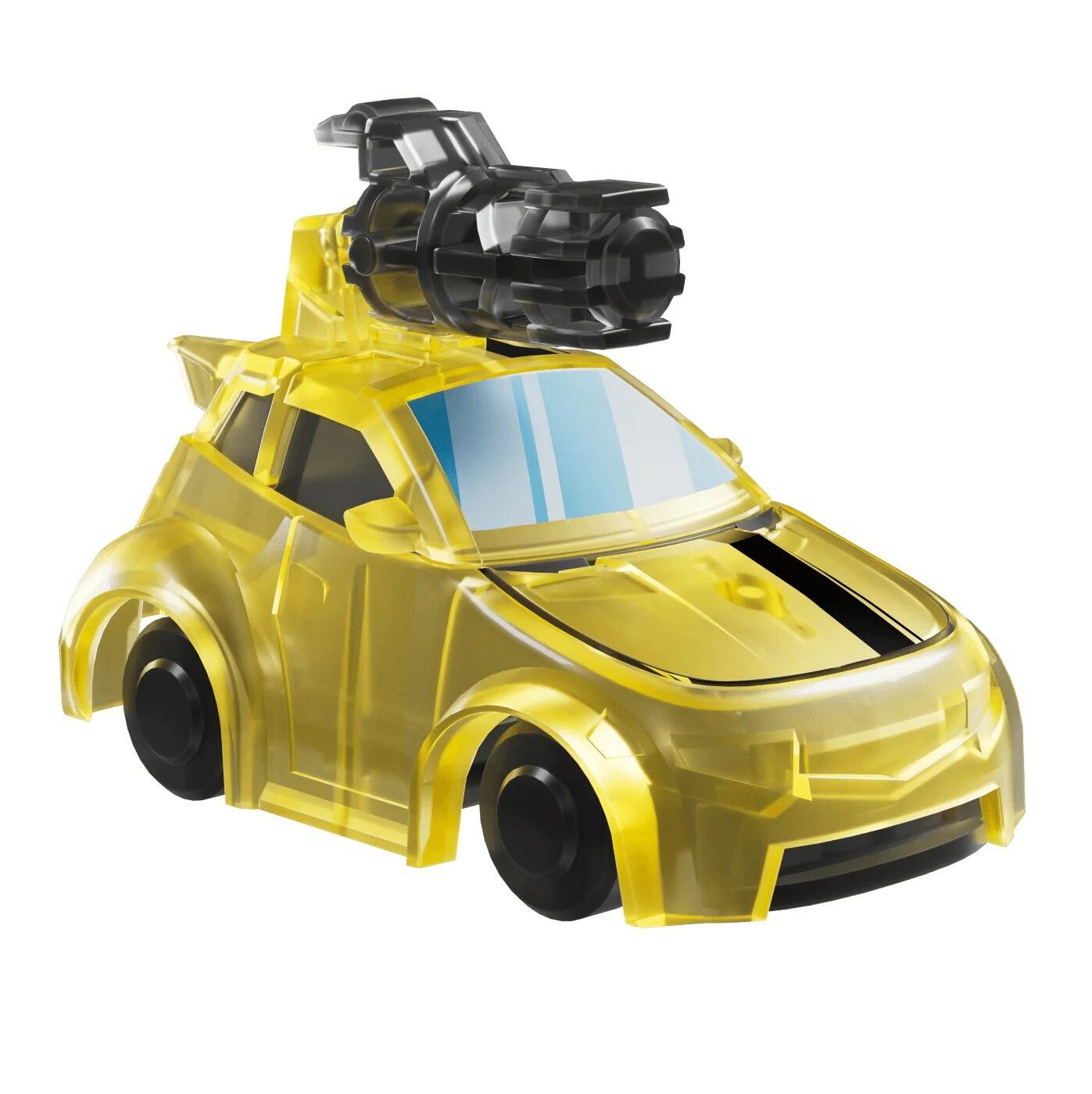 Translucent yellow toy car with a black racing stripe and a large, roof-mounted black minigun turret
