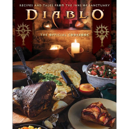 The Insight Editions Diablo The Official Cookbook cover features a rustic medieval feast of roasted meat, flatbread, fruit salad, and a plum tart, with candles and the Diablo logo