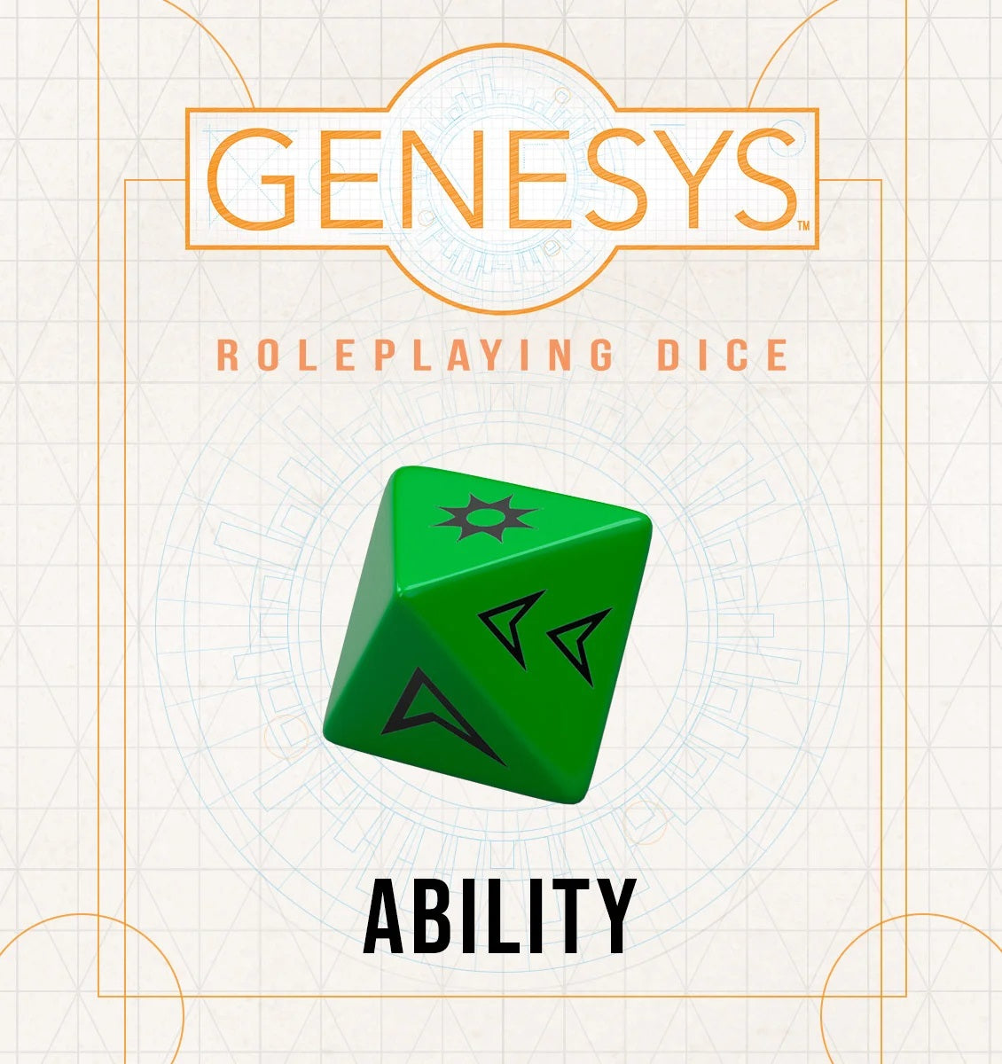 A green Genesys Roleplaying Ability die with black symbols