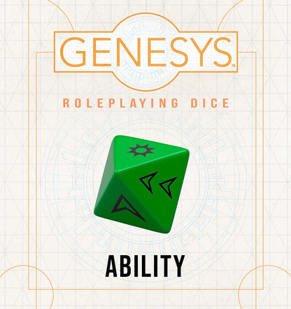 A green Genesys Roleplaying Ability die with black symbols