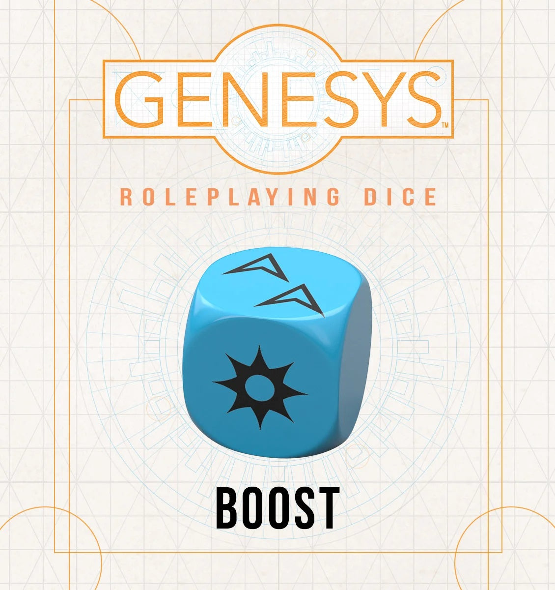 A light blue Genesys Roleplaying Boost die, showing two arrow symbols and a starburst on its faces