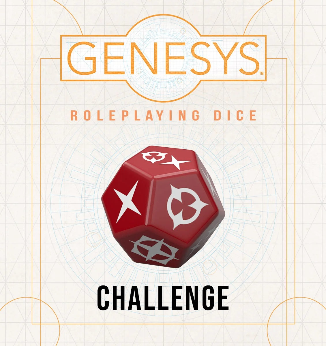 Genesys Roleplaying Dice Challenge: A red 12-sided die with white game symbols on a technical background