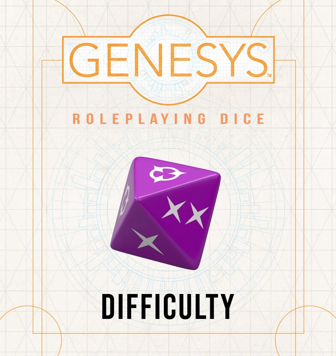 Purple Genesys RPG Difficulty die showing white failure (X) and despair (skull) symbols