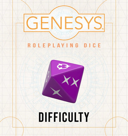 Purple Genesys RPG Difficulty die showing white failure (X) and despair (skull) symbols