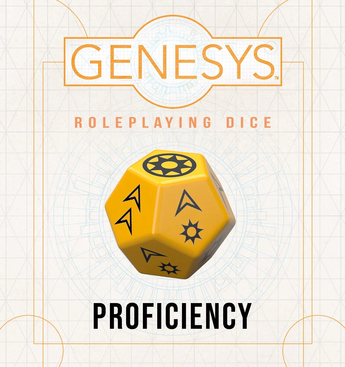 Yellow multi-sided Genesys 'Proficiency' roleplaying die with black symbols. Text: 'Genesys Roleplaying Dice'