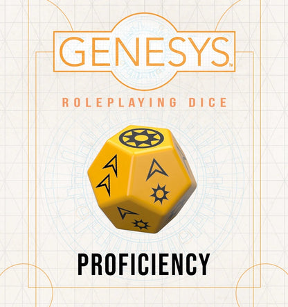 Yellow multi-sided Genesys 'Proficiency' roleplaying die with black symbols. Text: 'Genesys Roleplaying Dice'