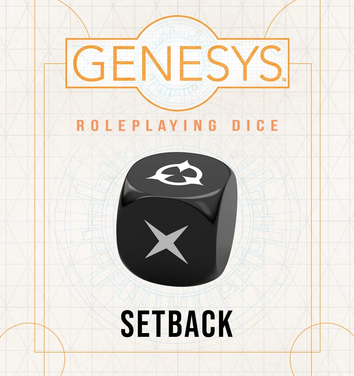 A black Genesys Roleplaying Setback die, showing a white X symbol on one face and another white symbol on top