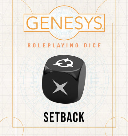 A black Genesys Roleplaying Setback die, showing a white X symbol on one face and another white symbol on top