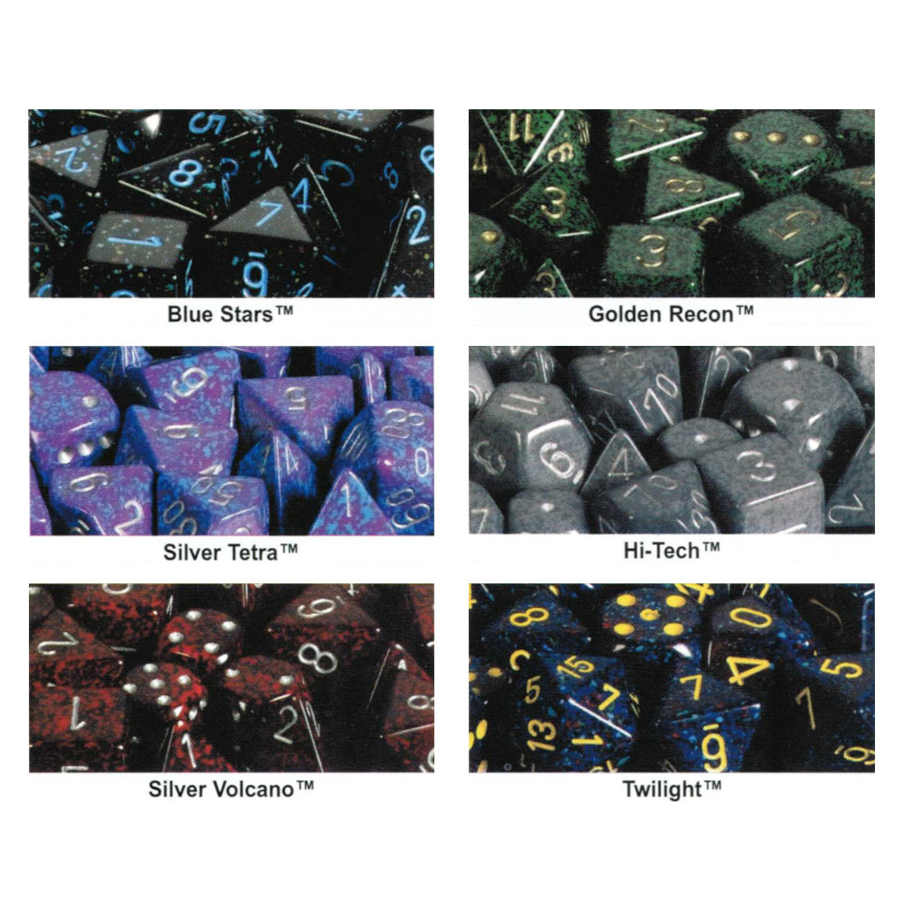 Six close-up photos of colorful polyhedral dice sets, each with unique patterns and numbered faces