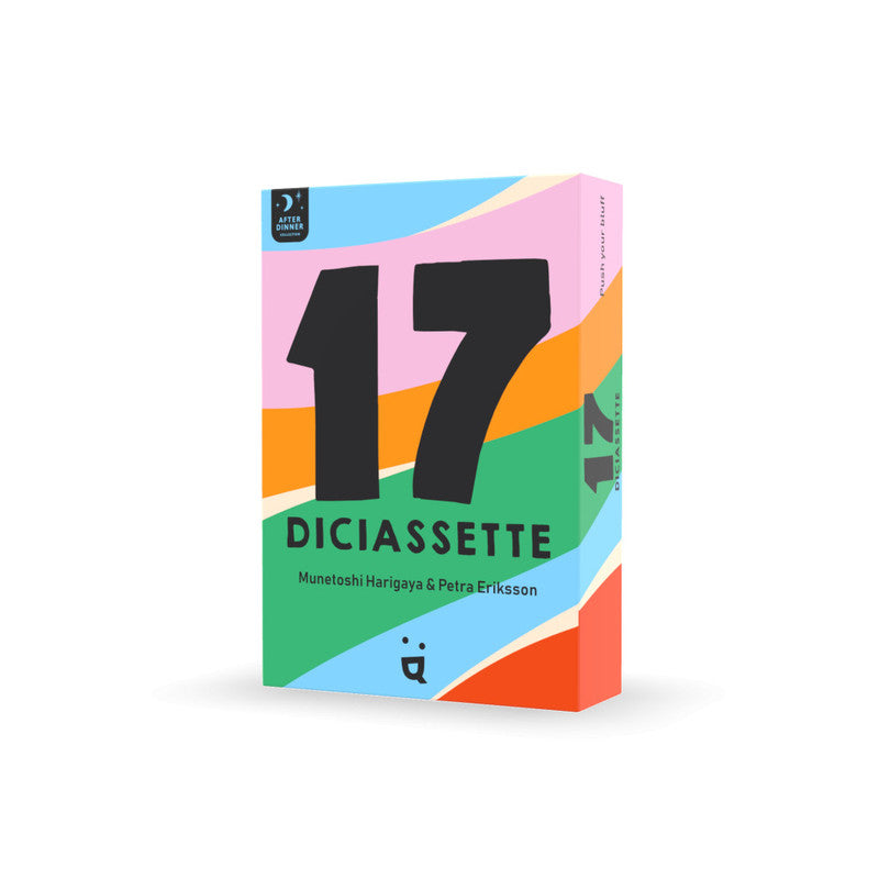 A close-up of the 17 Diciassette card game box featuring colorful artwork with a large number 17 and stylized playing cards on a vibrant blue background