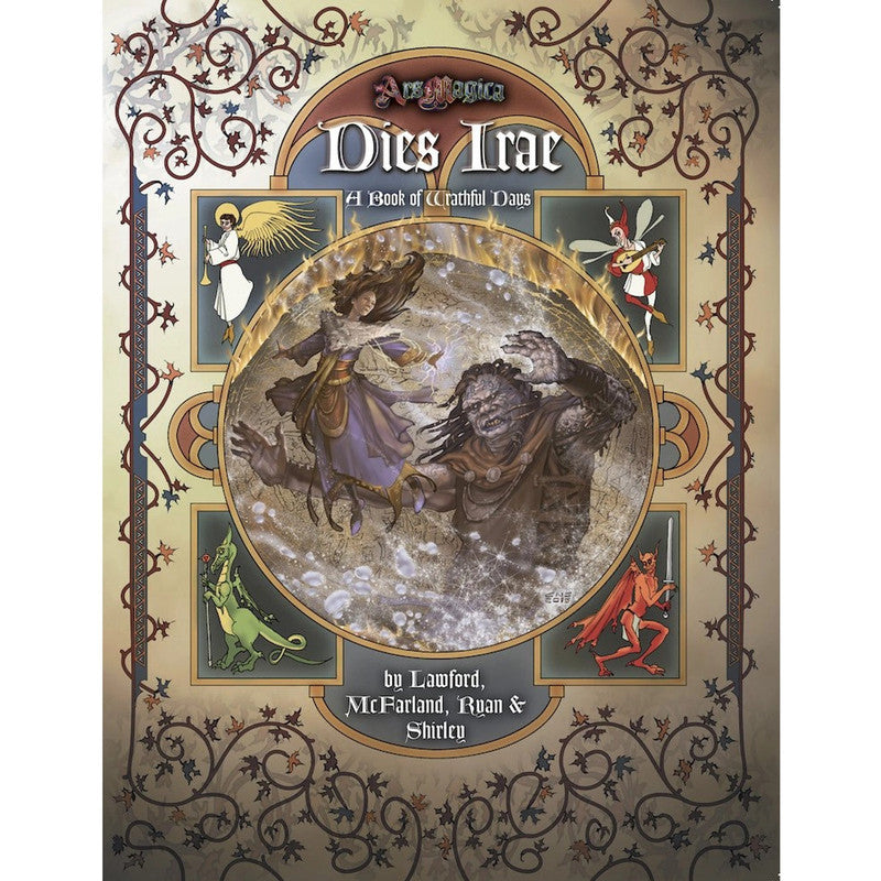 Ars Magica Fifth Edition - Dies Irae: A Book of Wrathful Days sourcebook cover: Sorceress casts magic at a grotesque monster in a fiery, sparkling sphere. Ornate border
