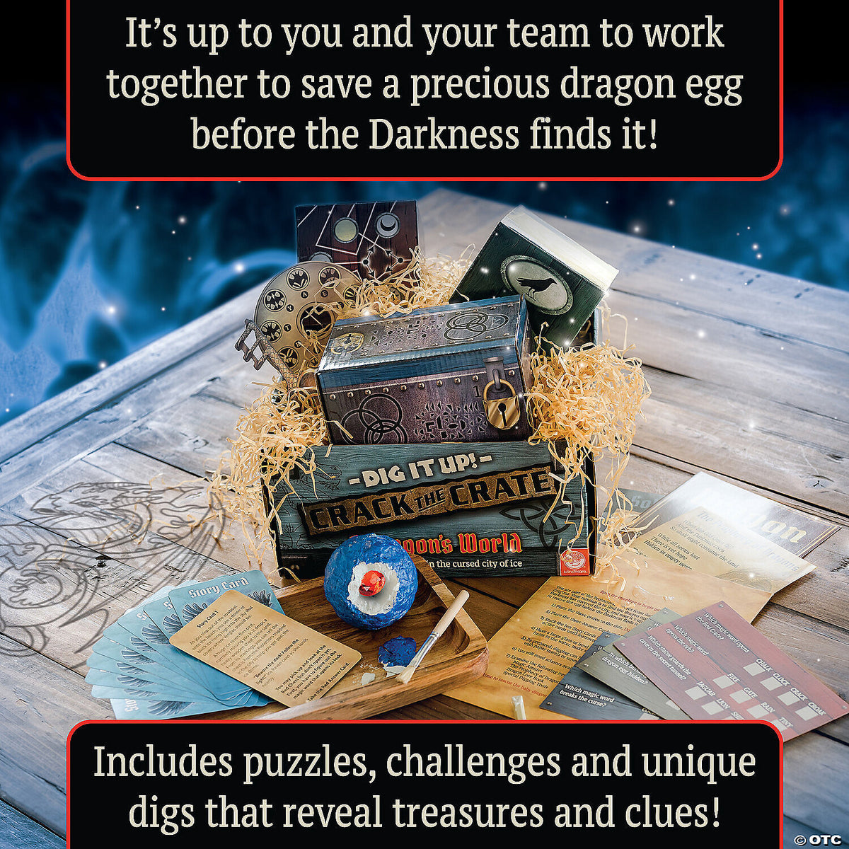 Close-up of hands interacting with clue cards and crate components from the Dig It Up! game