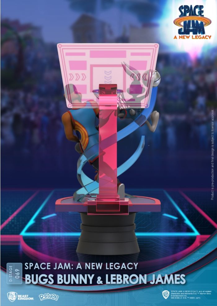Rear angle of the figurine highlighting the textured basketball court, Bugs Bunny’s relaxed pose, and LeBron James’ athletic stance mid-dribble