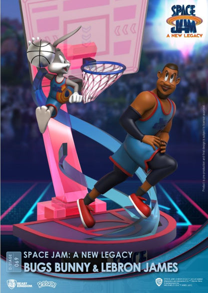 Side view of the Bugs Bunny and LeBron James figurine showcasing detailed expressions, Bugs Bunny’s playful smile, and LeBron’s focused look with the basketball court base
