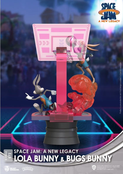 Rear angle of the figurine highlighting the detailed basketball court base and the characters’ dynamic poses and costumes
