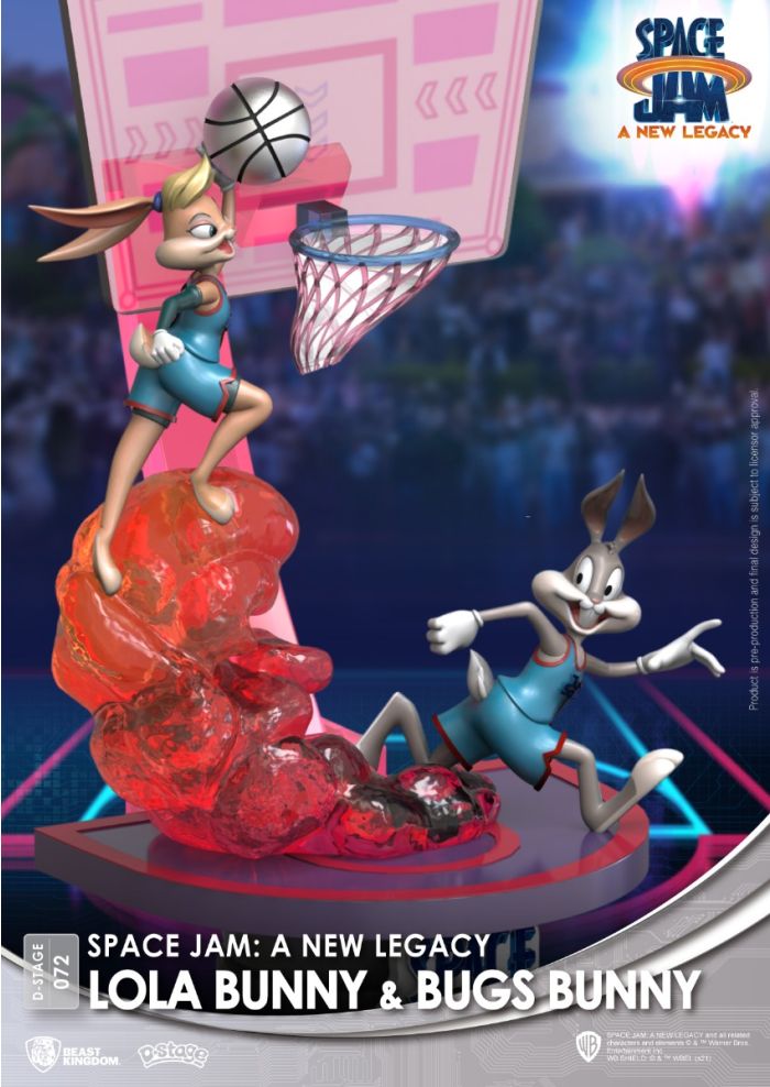 Side view of the Lola Bunny and Bugs Bunny figurine showing Lola’s confident pose with basketball and Bugs Bunny’s playful expression