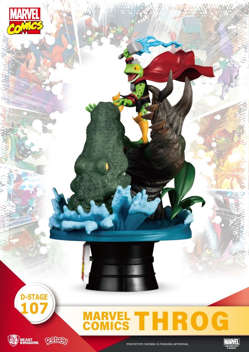 Marvel Comics D-Stage 107 Throg statue features the frog hero wielding Mjolnir atop a detailed base