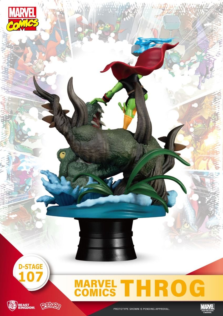 Marvel Comics D-Stage 107 Throg statue featuring the character battling a large green creature on a water base