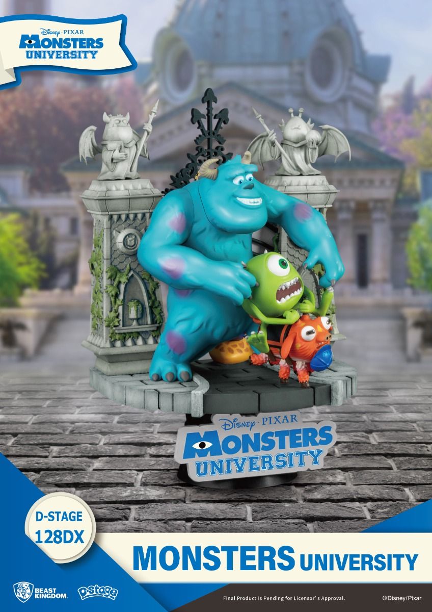 Rear angle of figures showing Sulley’s detailed fur and Monsters University logo