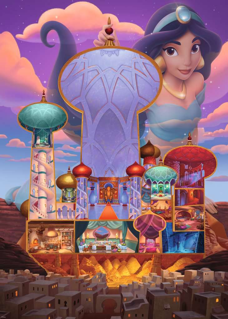 Disney's Princess Jasmine smiles while framing a cross-section of the Sultanâ€™s Palace, revealing detailed interiors