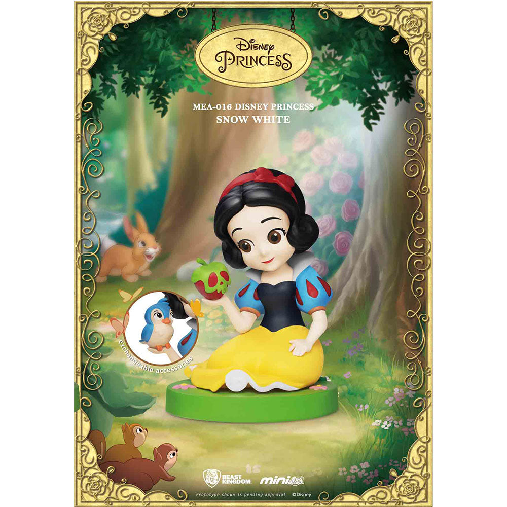 Disney Princess MEA-016 Mini Egg Attack figurine of Snow White holding an apple with interchangeable bird accessory in a forest setting