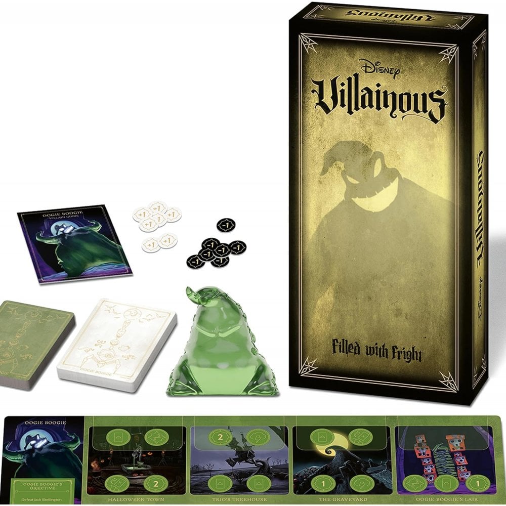 Disney Villainous board game components: Oogie Boogie box, green mover, player board, cards, and tokens
